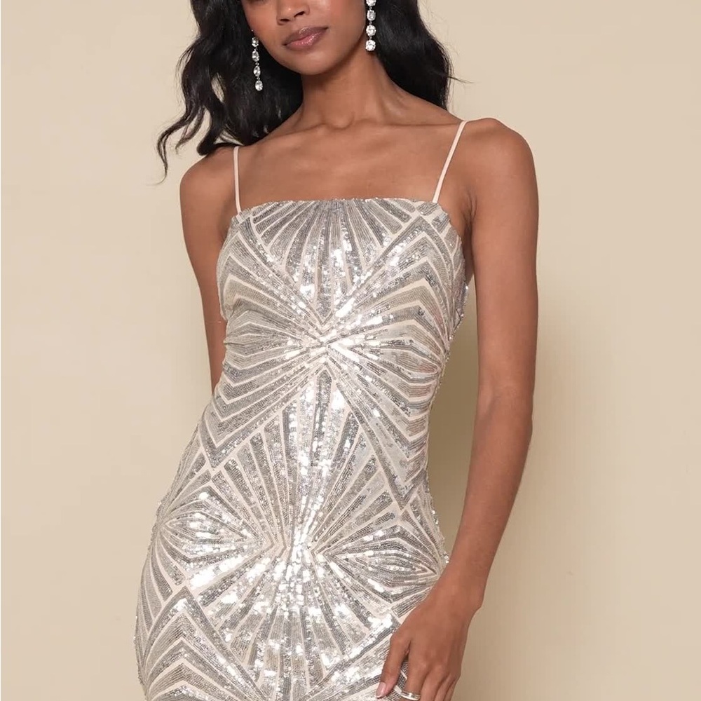 Lulu's Silver Sequin Spaghetti Strap Cocktail Dress